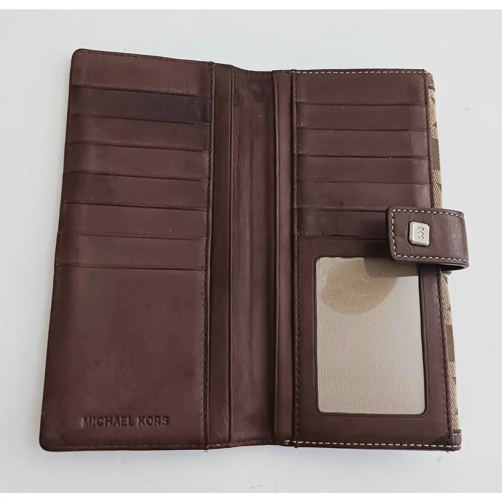 Michael Kors Brown Leather Brown Logo Jacquard Buckle Flap Rect Bi Fold Wallet
